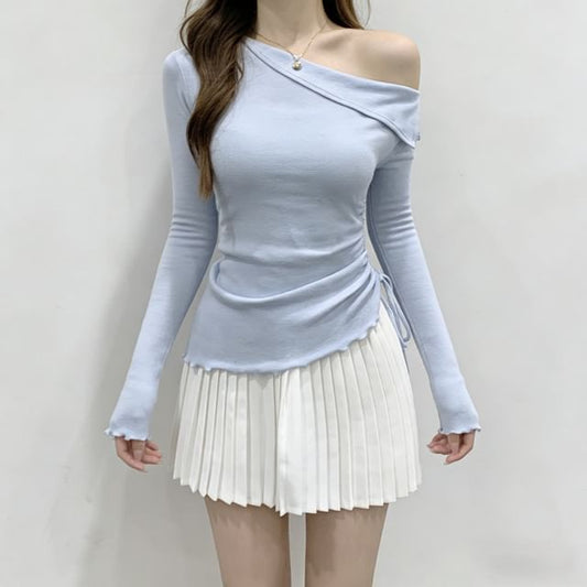 Drawstring One Shoulder Long Sleeve Top