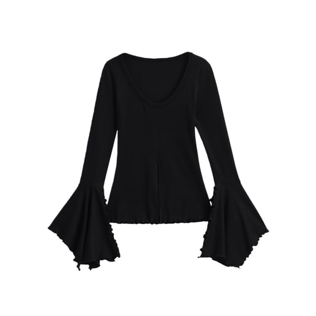 Scoop Neck Lettuce Edge Slit Long-Sleeve Tee
