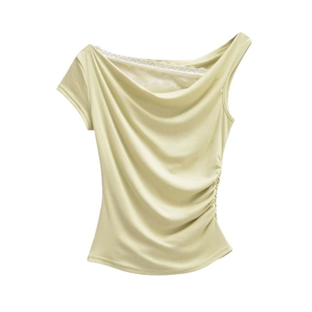 Off-Shoulder Lace Panel Ruched Cropped Tee