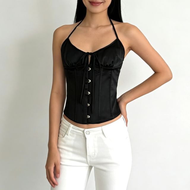 Halter Neck Tie-Front Backless Crop Corset
