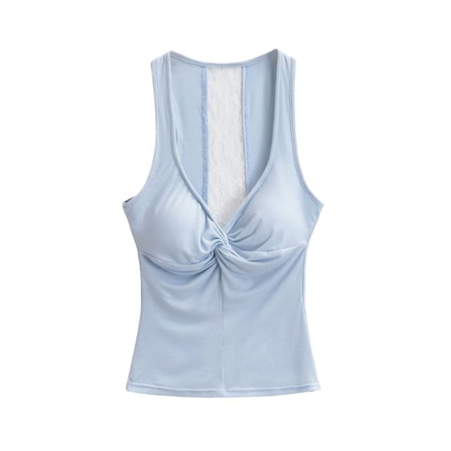 V-Neck Lace Padded Crop Tank Top Ruched