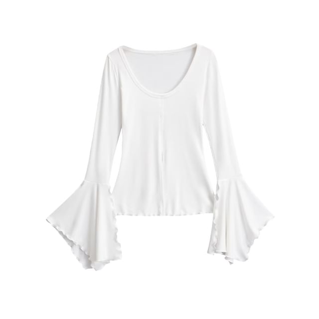Scoop Neck Lettuce Edge Slit Long-Sleeve Tee