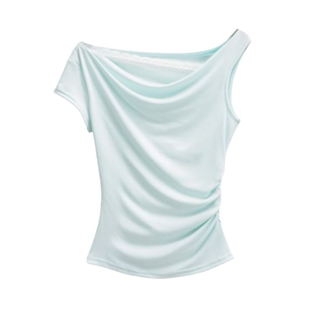 Off-Shoulder Lace Panel Ruched Cropped Tee