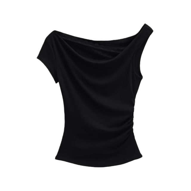 Off-Shoulder Lace Panel Ruched Cropped Tee