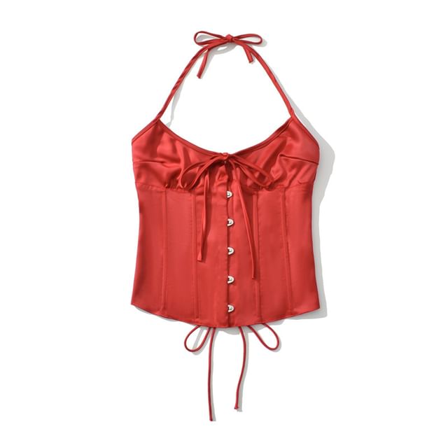 Halter Neck Tie-Front Backless Crop Corset