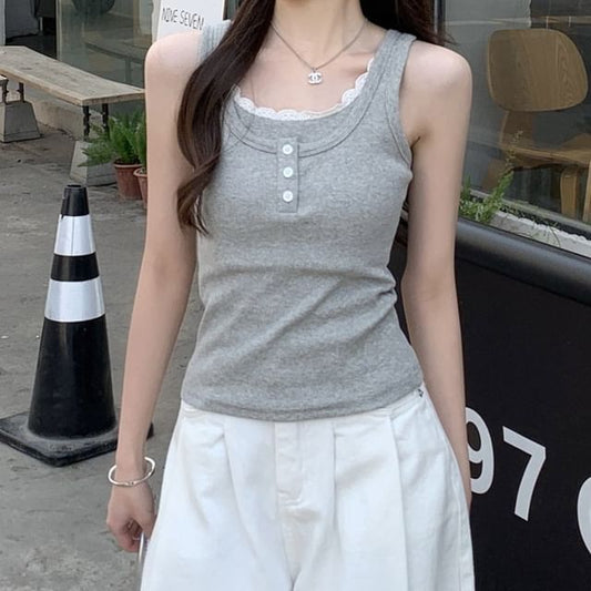 Scoop Neck Lace Trim Mock Two Piece Tank Top
