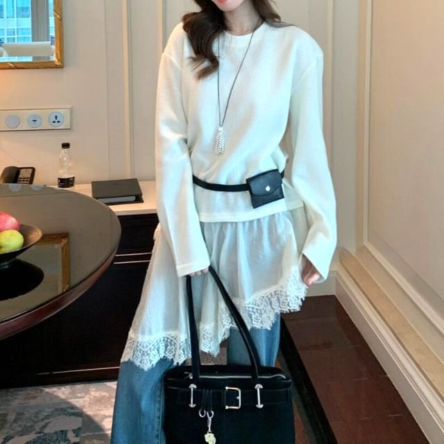 Round Neck Mock Two Piece Lace Panel Long Top