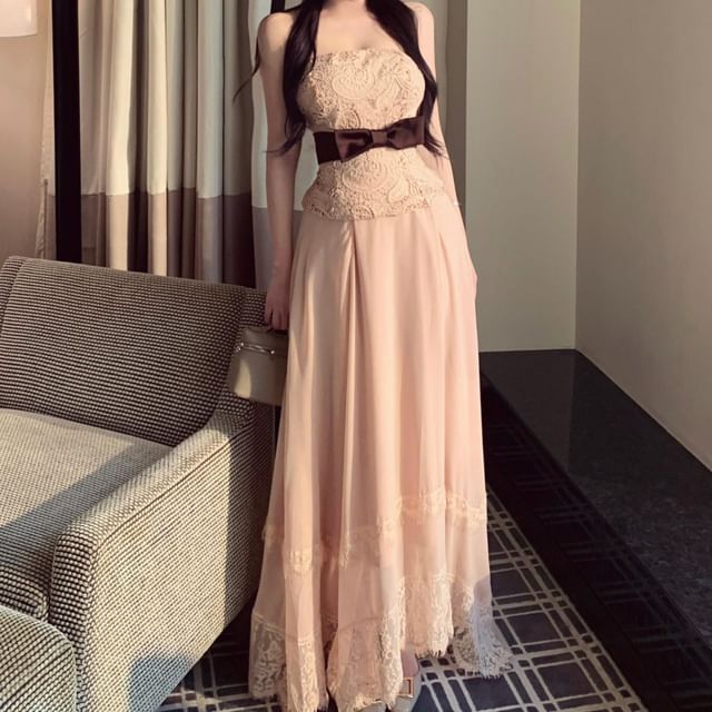 Two-Tone Halter Top with Maxi Skirt and Sash Set