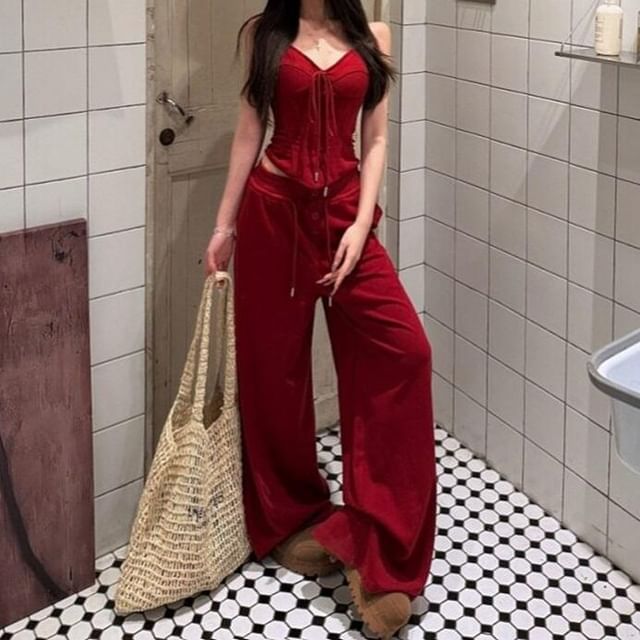 Cropped V-Neck Cami with Wide-Leg Pants