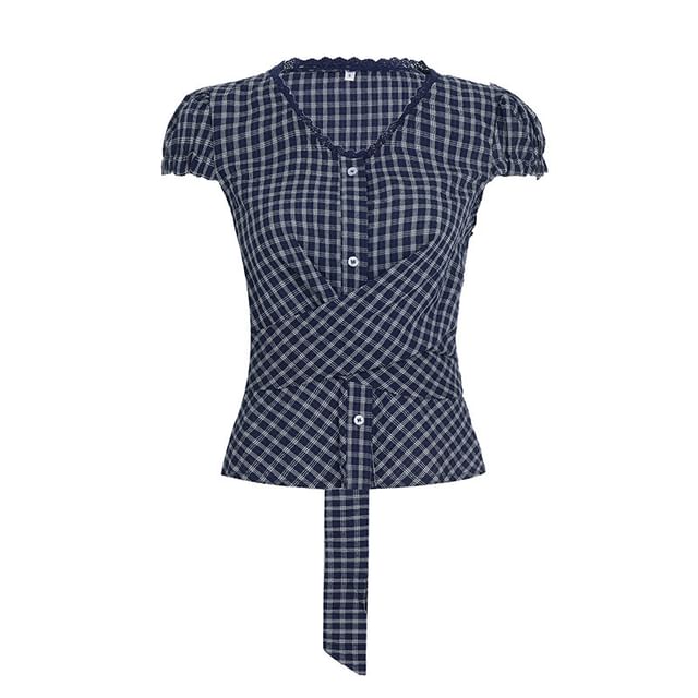 Puff-Sleeve Plaid Lace Trim Tie-Waist Blouse