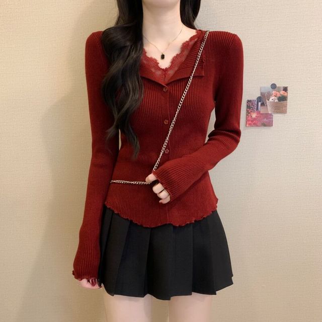 Ribbed Knit Long Sleeve V-Neck Lace Button Top