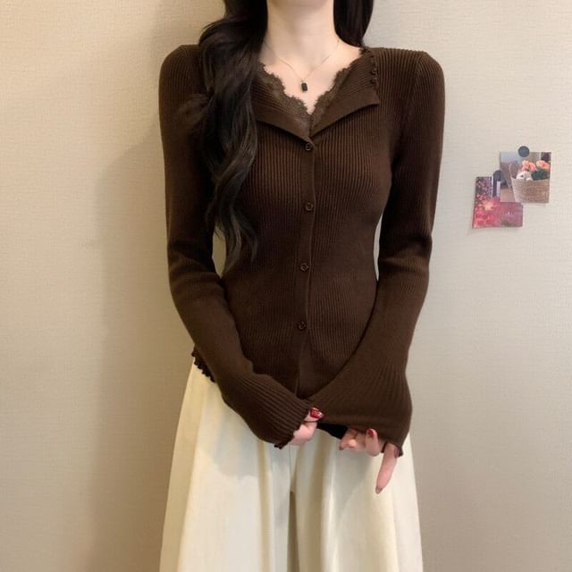 Ribbed Knit Long Sleeve V-Neck Lace Button Top