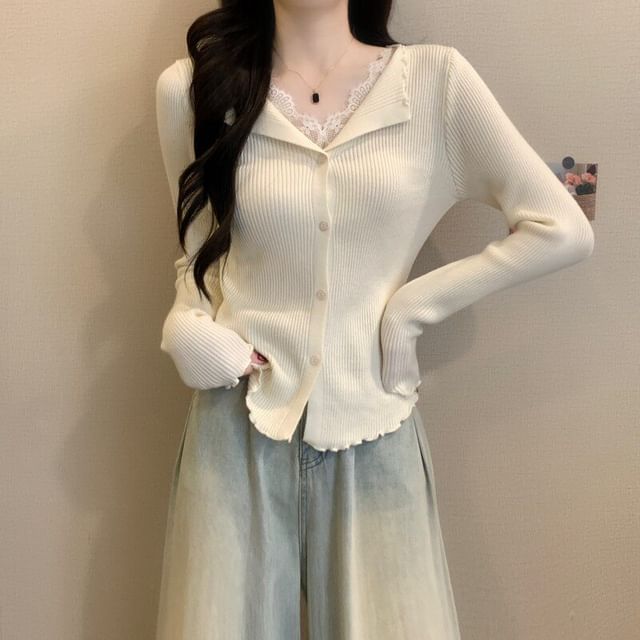 Ribbed Knit Long Sleeve V-Neck Lace Button Top