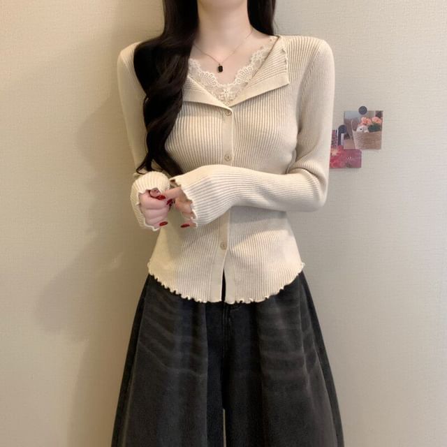 Ribbed Knit Long Sleeve V-Neck Lace Button Top
