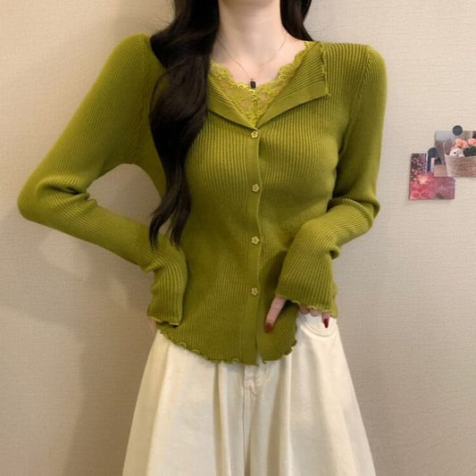 Ribbed Knit Long Sleeve V-Neck Lace Button Top