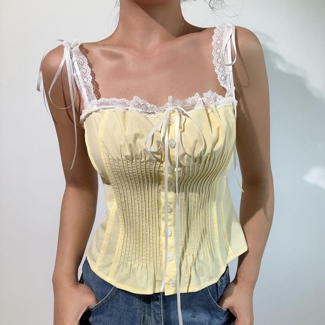 Square Neck Lace Panel Button-Up Crop Camisole Top