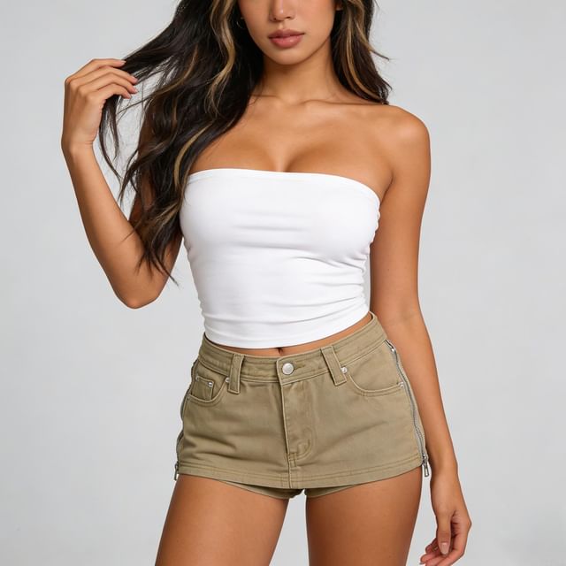 Mid Rise Plain Zip Slit Mini Denim Skirt