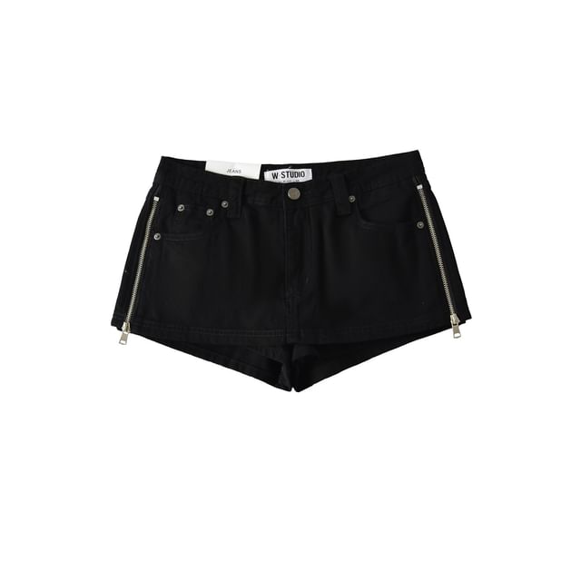 Mid Rise Plain Zip Slit Mini Denim Skirt
