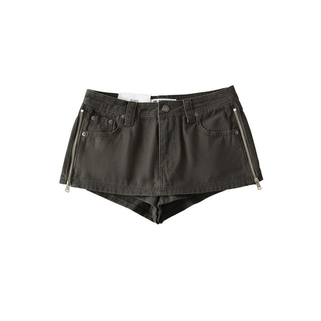 Mid Rise Plain Zip Slit Mini Denim Skirt