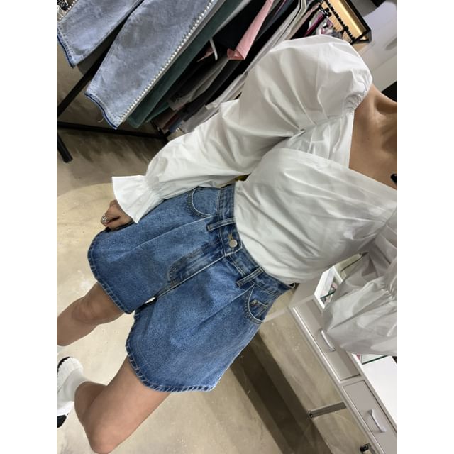 High Waist Washed Denim Wide Leg Shorts