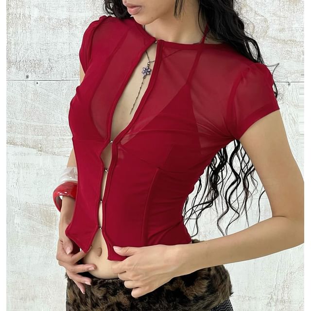 Sheer Cut-Out Slim-Fit Crop Top with Short Sleeves