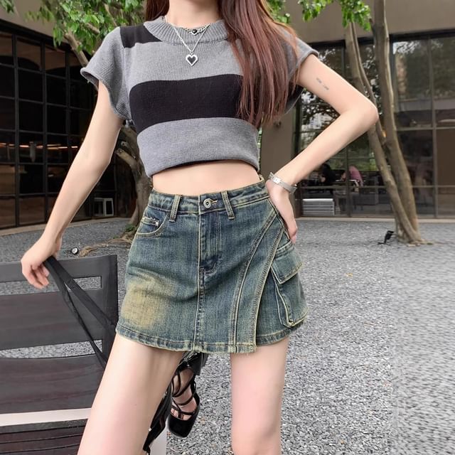 High Waist Asymmetrical Denim Mini Pencil Skort