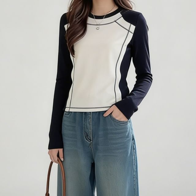 Raglan Contrast-Stitch Long-Sleeve Crew Tee