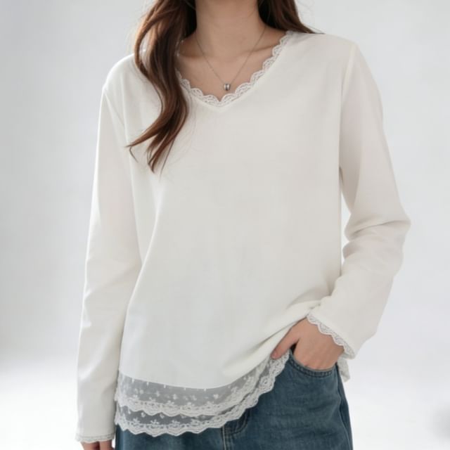 Lace-Trimmed V-Neck Tee with Long Sleeves