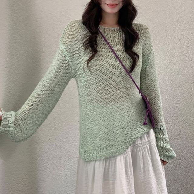 Perforated Crew Neck Knit Top with Long Sleeves