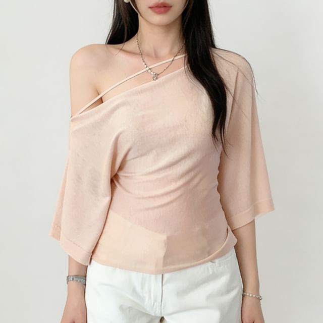 Off-Shoulder Sheer Slim Tee with Three-Quarter Sleeves