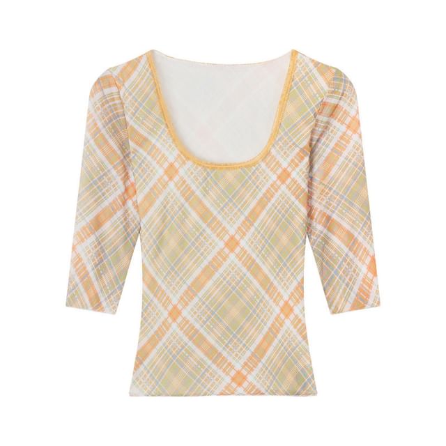 Plaid Scoop Neck Top with Various Designs