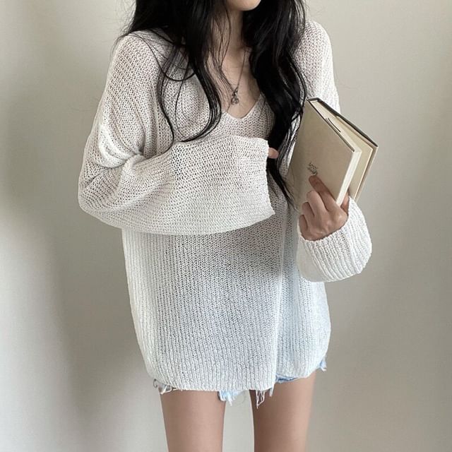 Perforated Sheer V-Neck Knit Top with Long Sleeves