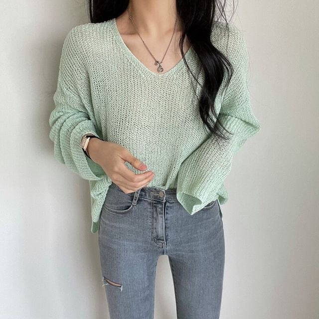 Perforated Sheer V-Neck Knit Top with Long Sleeves