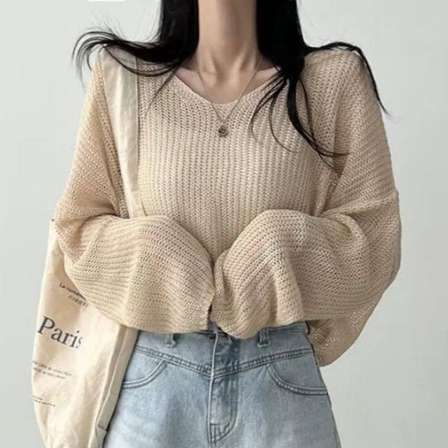 Perforated Sheer V-Neck Knit Top with Long Sleeves