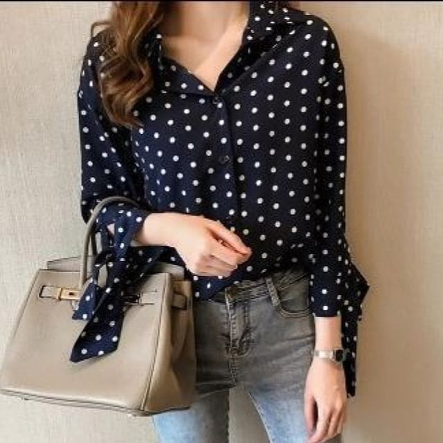 Collared Dotted Long-Sleeve Blouse