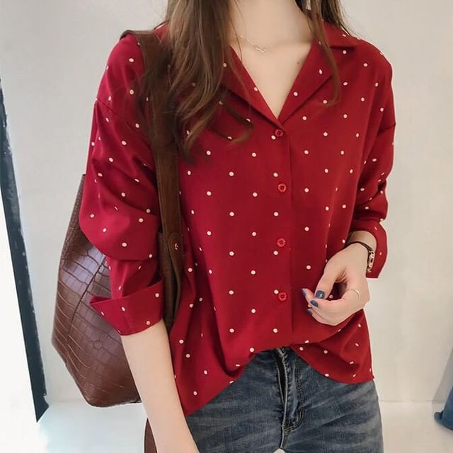 Collared Dotted Long-Sleeve Blouse