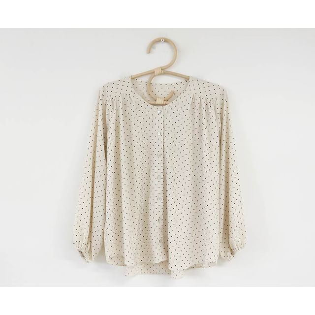 Dotted Round Neck Long-Sleeve Blouse
