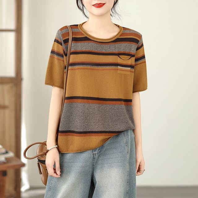 Striped Knit Tee with Round Neck and Short Sleeves