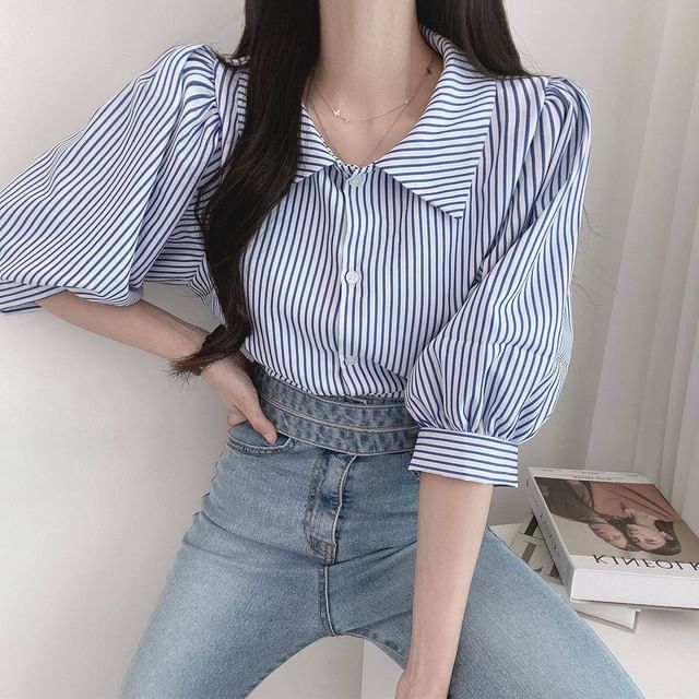 Striped Puff-Sleeve Collared Blouse