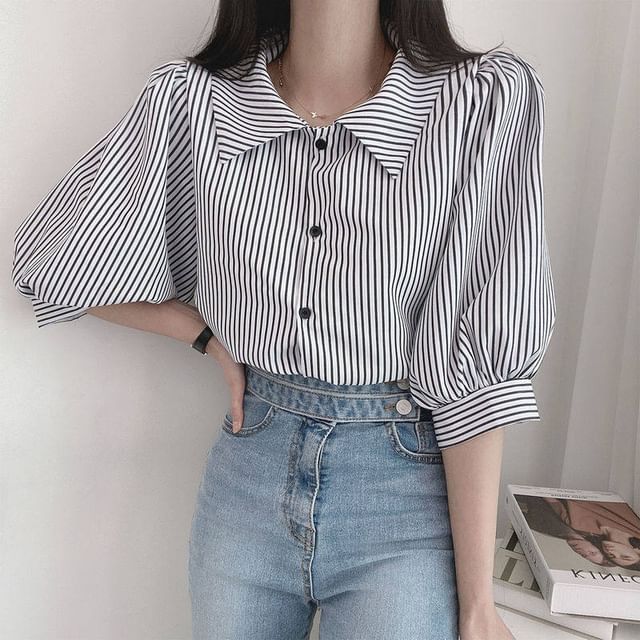 Striped Puff-Sleeve Collared Blouse