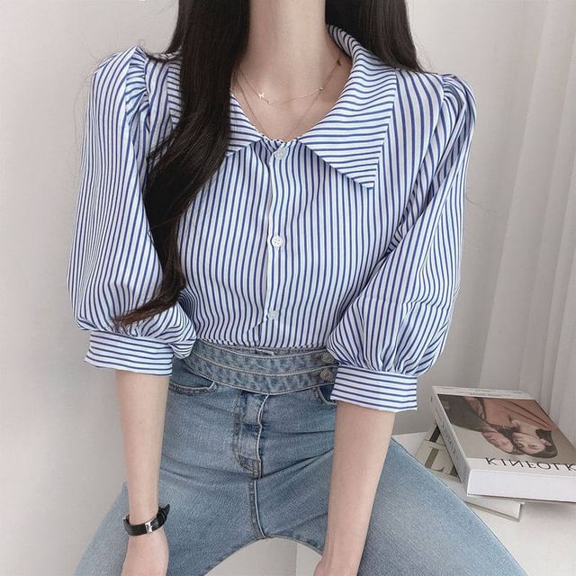 Striped Puff-Sleeve Collared Blouse