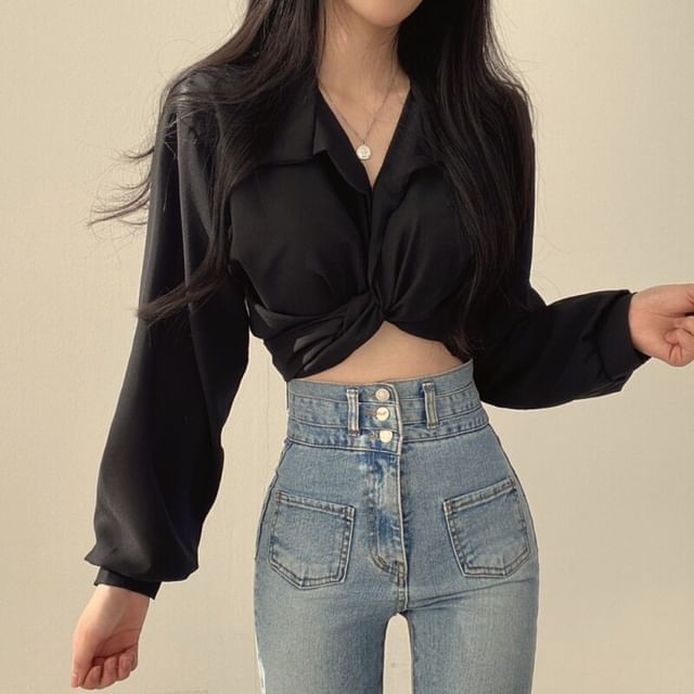 Ruched Tie-Back Collared Crop Shirt with Long Sleeves