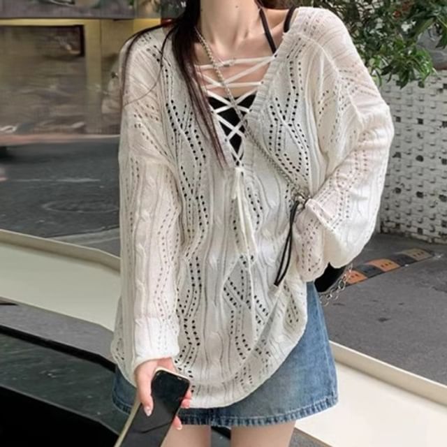 Pointelle Knit V-Neck Lace-Up Top with Long Sleeves