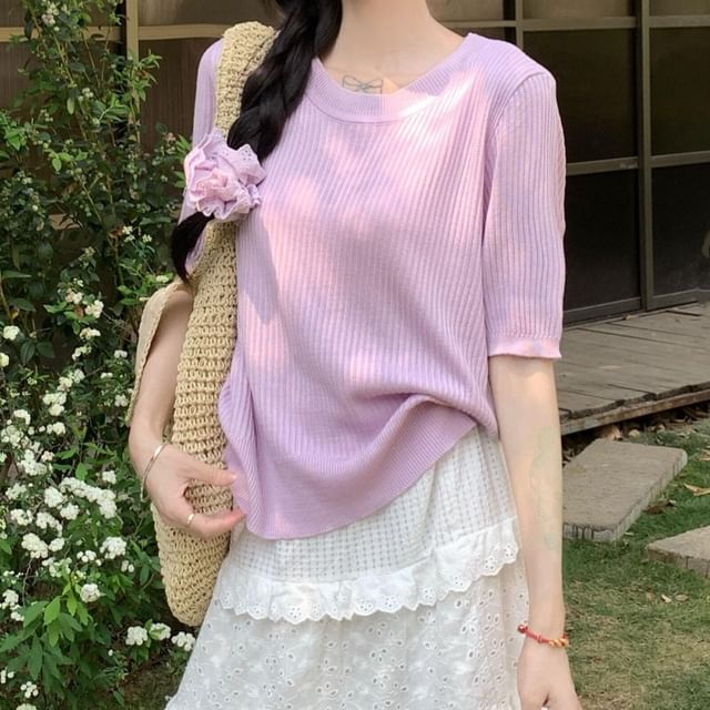 Ribbed Knit Crew Neck Short-Sleeve Top
