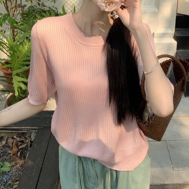 Ribbed Knit Crew Neck Short-Sleeve Top