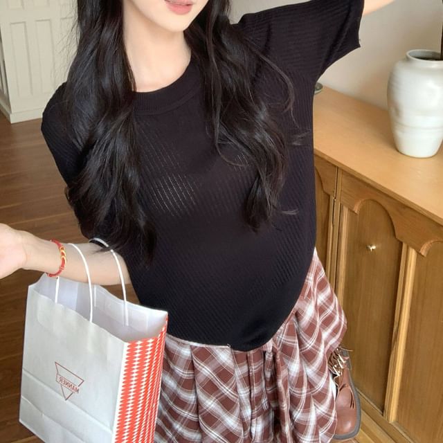 Ribbed Knit Crew Neck Short-Sleeve Top