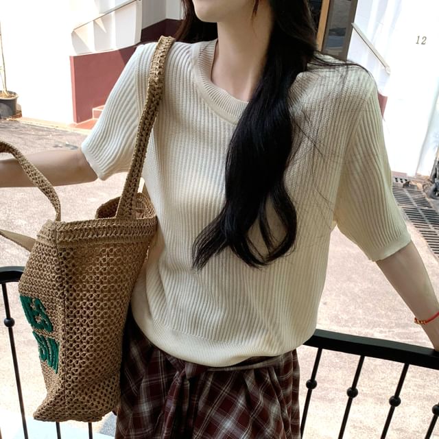 Ribbed Knit Crew Neck Short-Sleeve Top