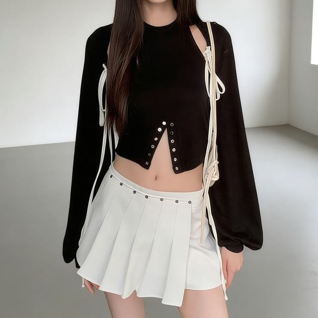 Coordinated Set: Long-Sleeve Shrug, Crop Top, and Pleated Skort