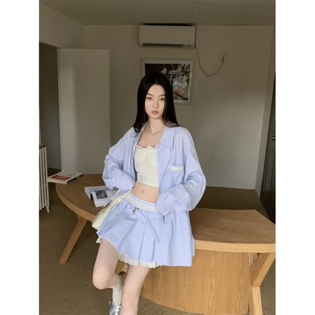 Matching Set: Long-Sleeve Shirt, Pleated Mini Skirt, and Camisole