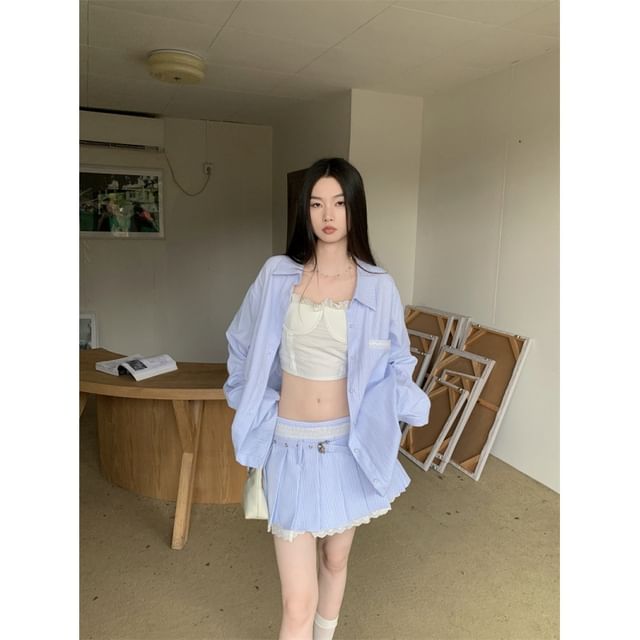 Matching Set: Long-Sleeve Shirt, Pleated Mini Skirt, and Camisole